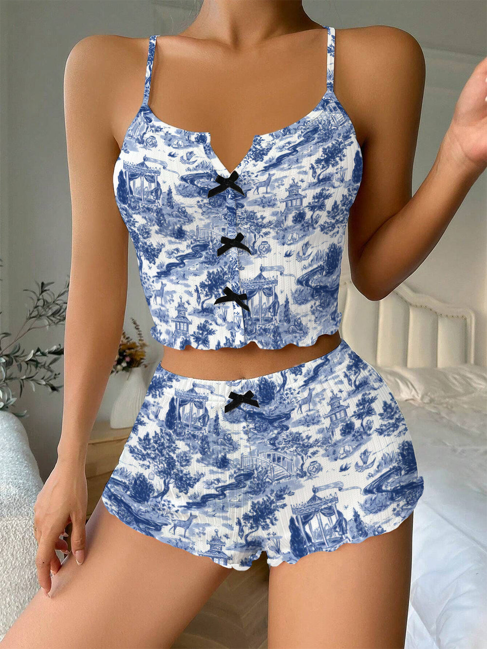 Blue Landscape Toile de Jouy Bow Ribbed Knit Pajama Set For Women