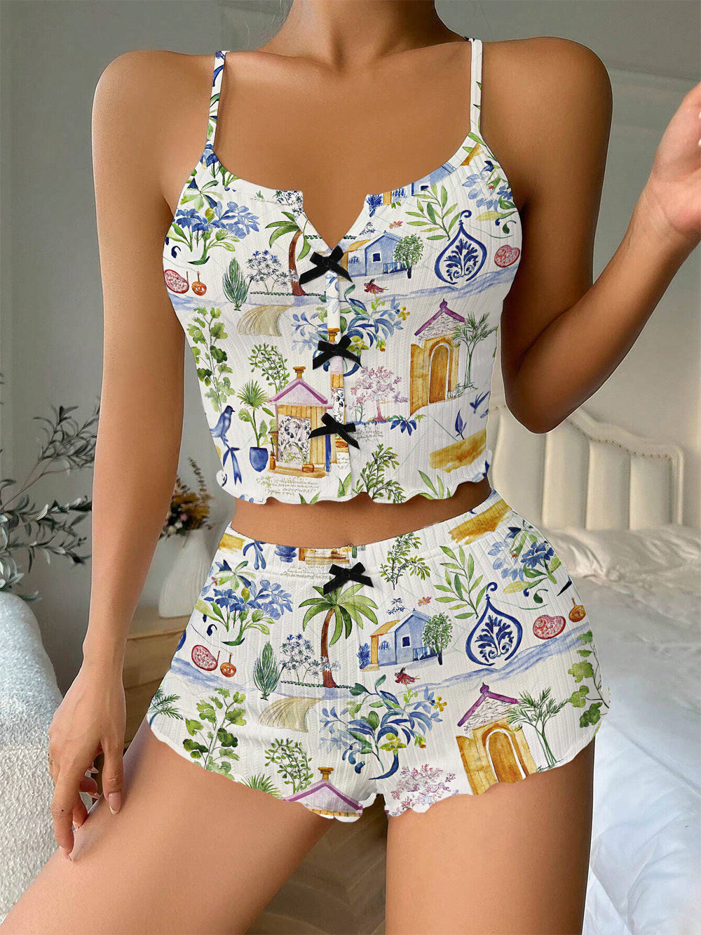 Watercolor Vacation Vibes Bow Ribbed Knit Pajama Set For Women