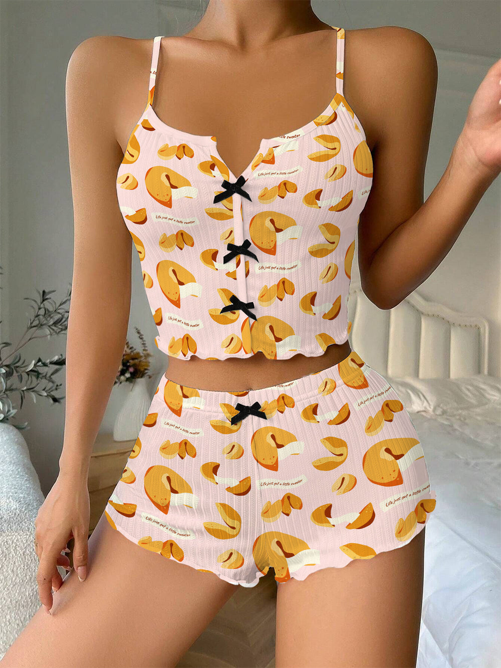 Fortune Cookies Bow Ribbed Knit Pajama Set For Women