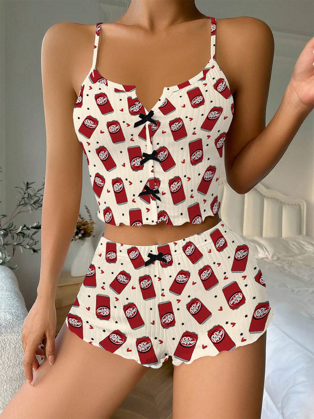 Summer Soda Bow Ribbed Knit Pajama Set For Women