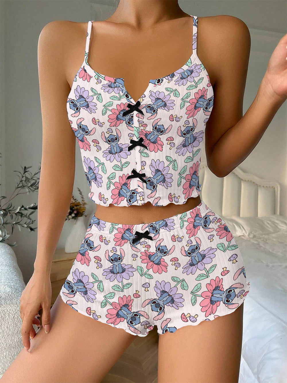 Floral Stitch Bow Ribbed Knit Pajama Set For Women