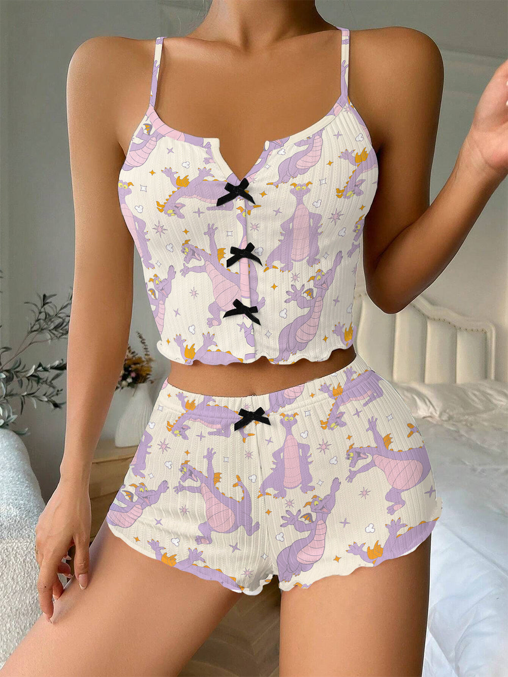 Cute Figment Bow Ribbed Knit Pajama Set For Women