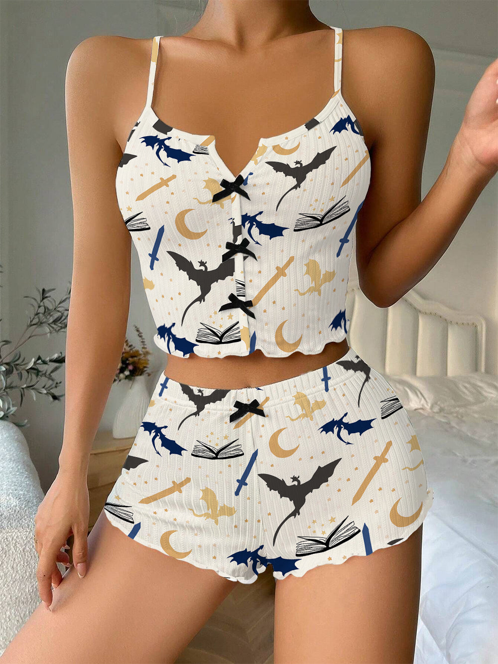 Fourth Wing Book Bow Ribbed Knit Pajama Set For Women