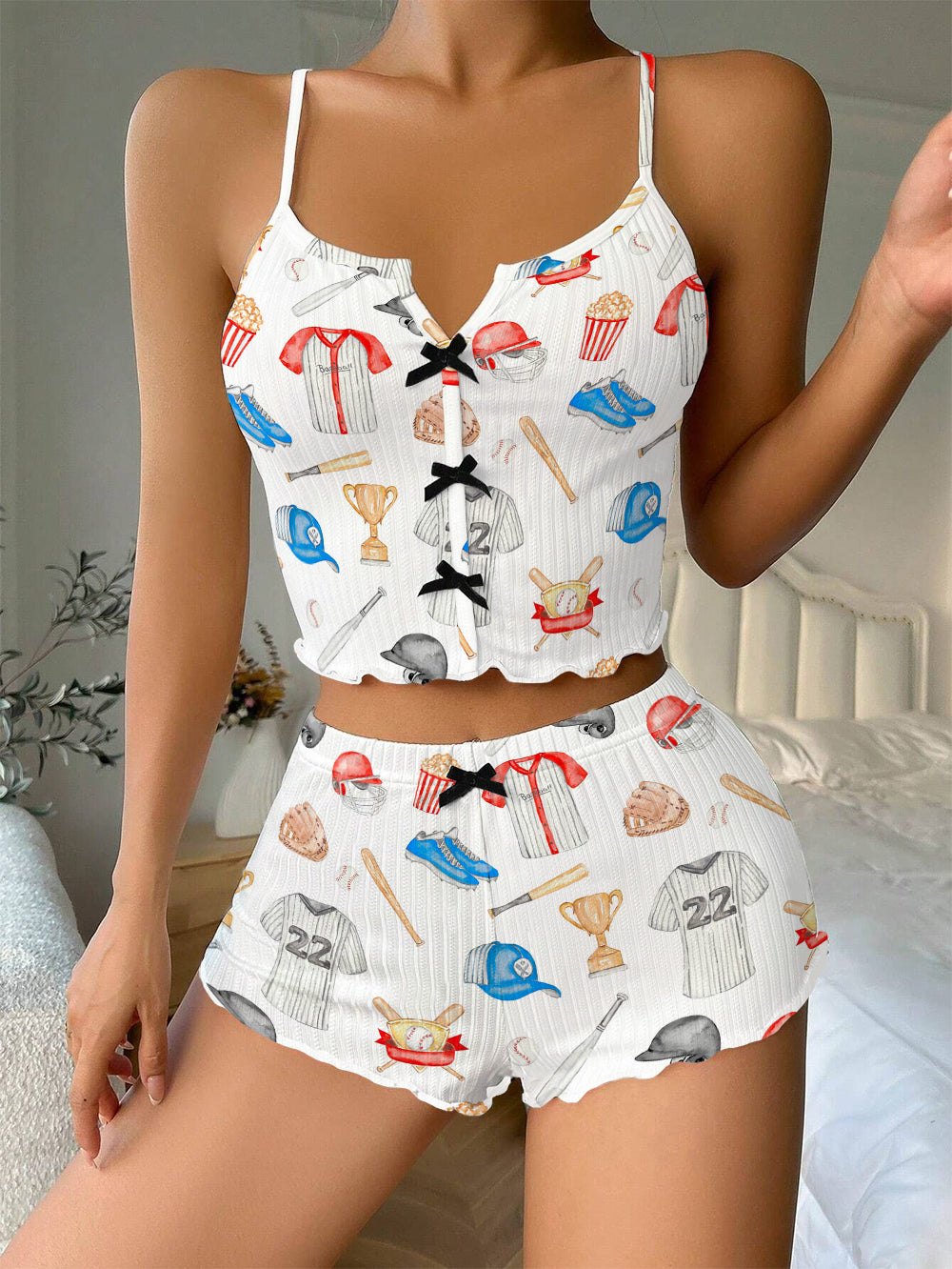 Watercolor baseball Bow Ribbed Knit Pajama Set For Women