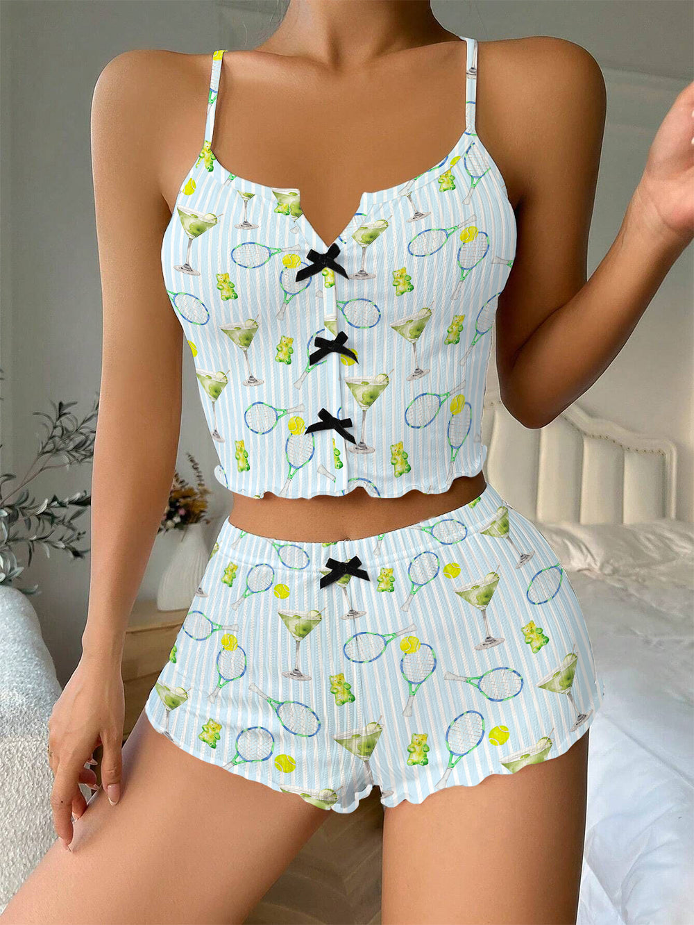 Tennis Cocktail Bow Ribbed Knit Pajama Set For Women