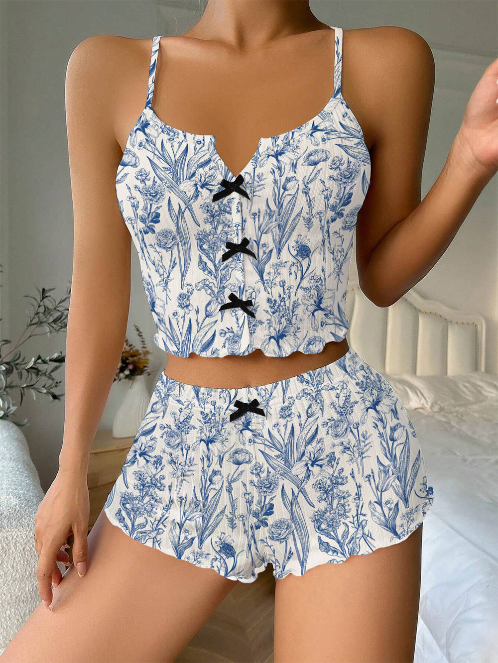 Blue Line Flowers Bow Ribbed Knit Pajama Set For Women