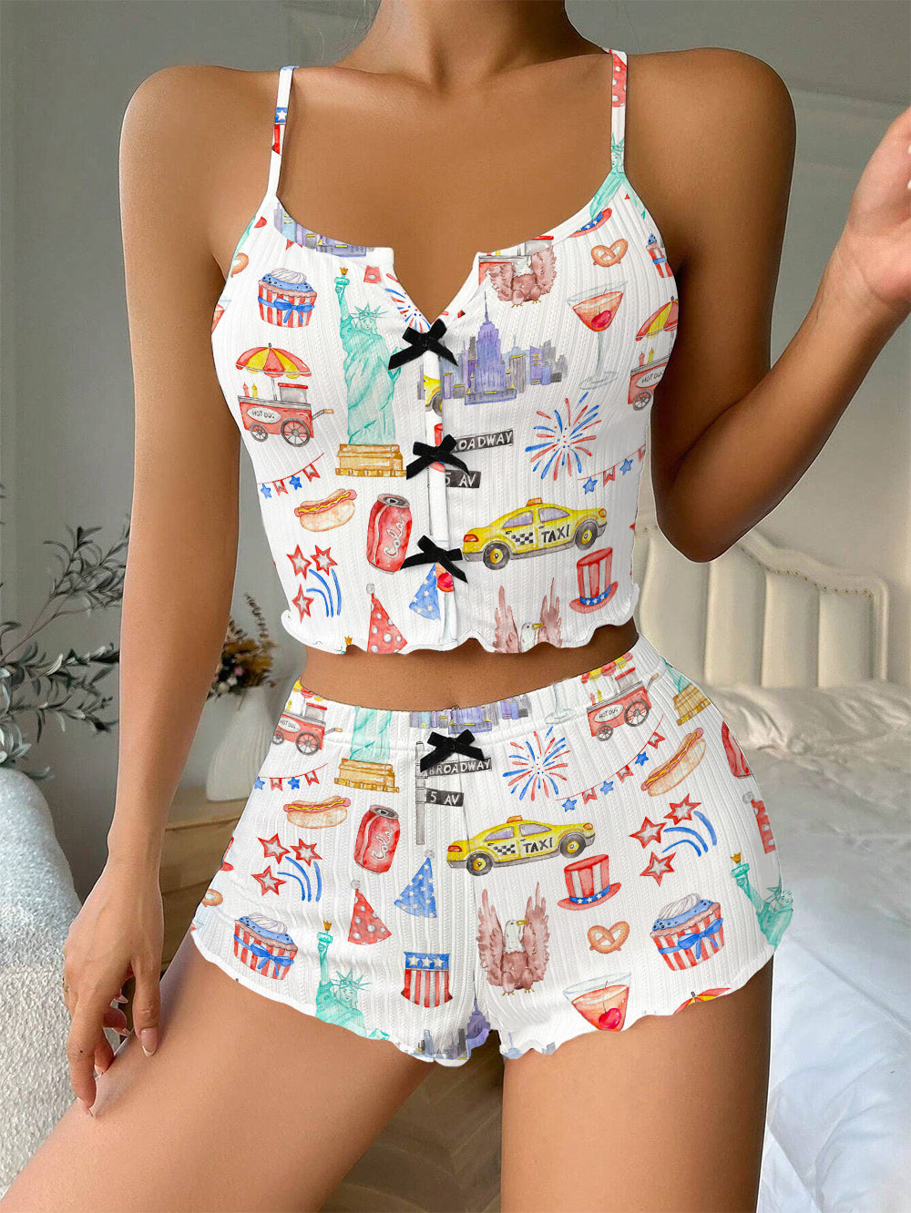 Watercolor New York Bow Ribbed Knit Pajama Set For Women