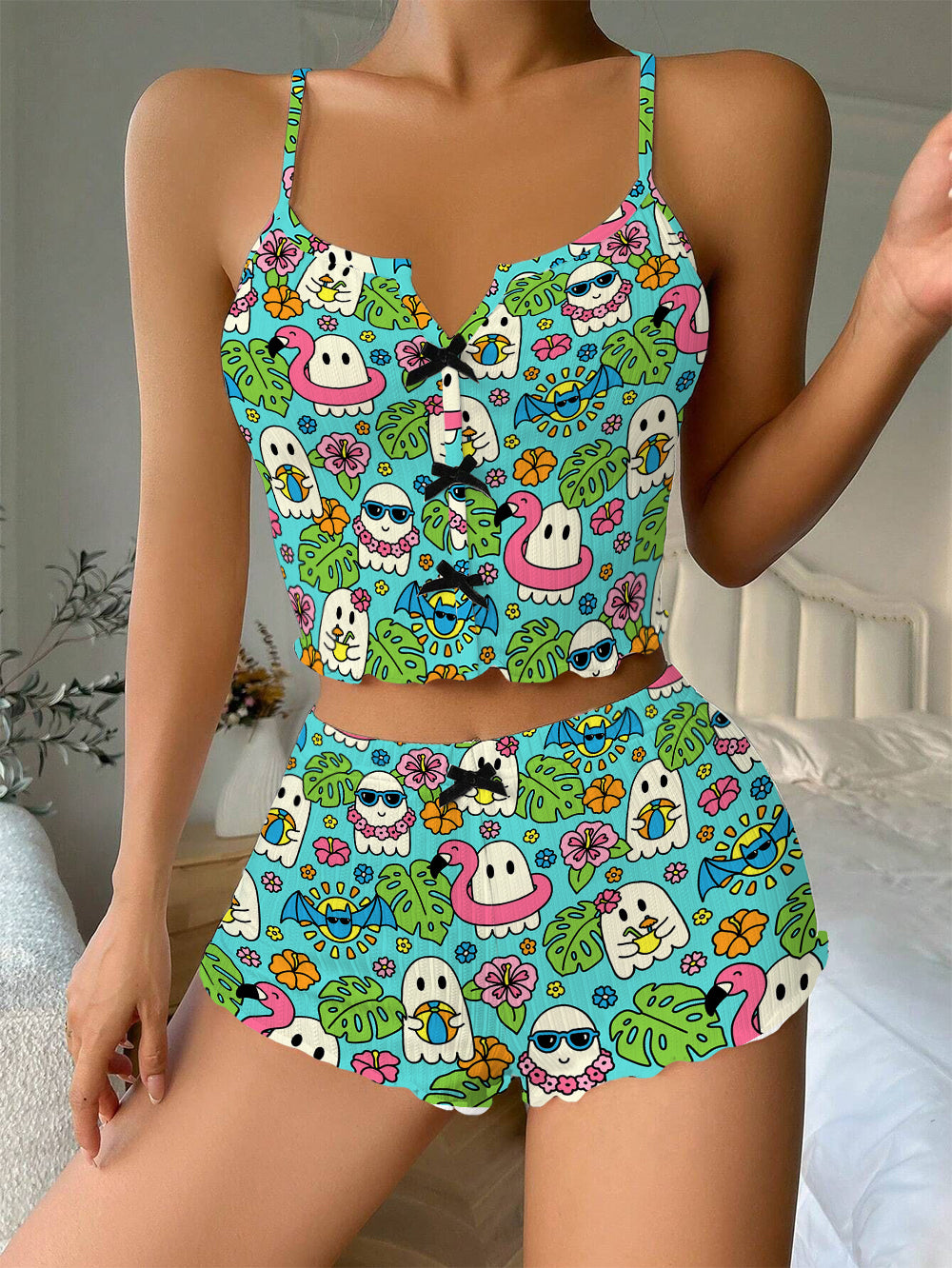 Summer Ghosts Bow Ribbed Knit Pajama Set For Women