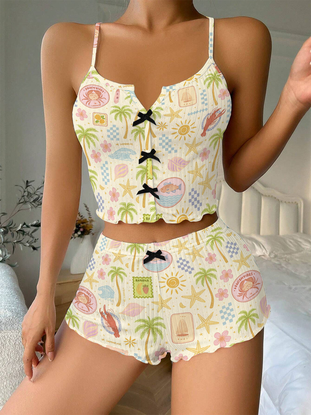 Beach Vacation Bow Ribbed Knit Pajama Set For Women