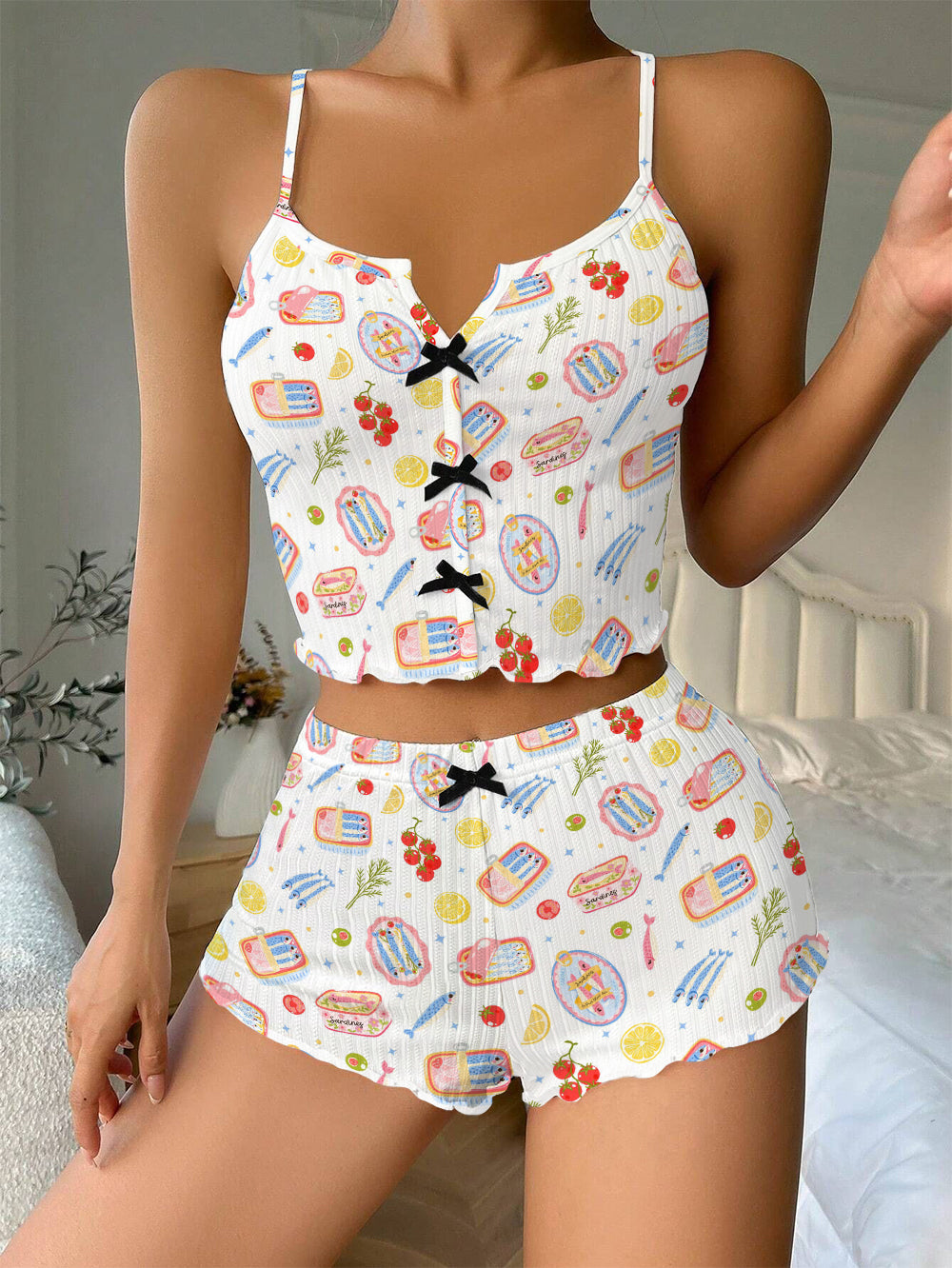 Cute Sardines Can Bow Ribbed Knit Pajama Set For Women