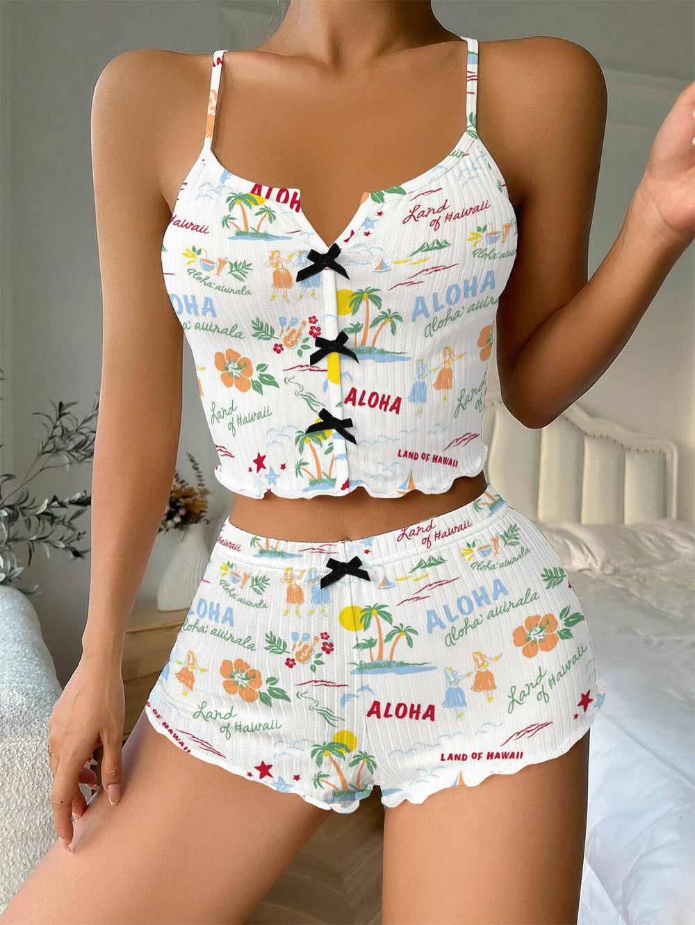 Aloha Hawaiian Bow Ribbed Knit Pajama Set For Women