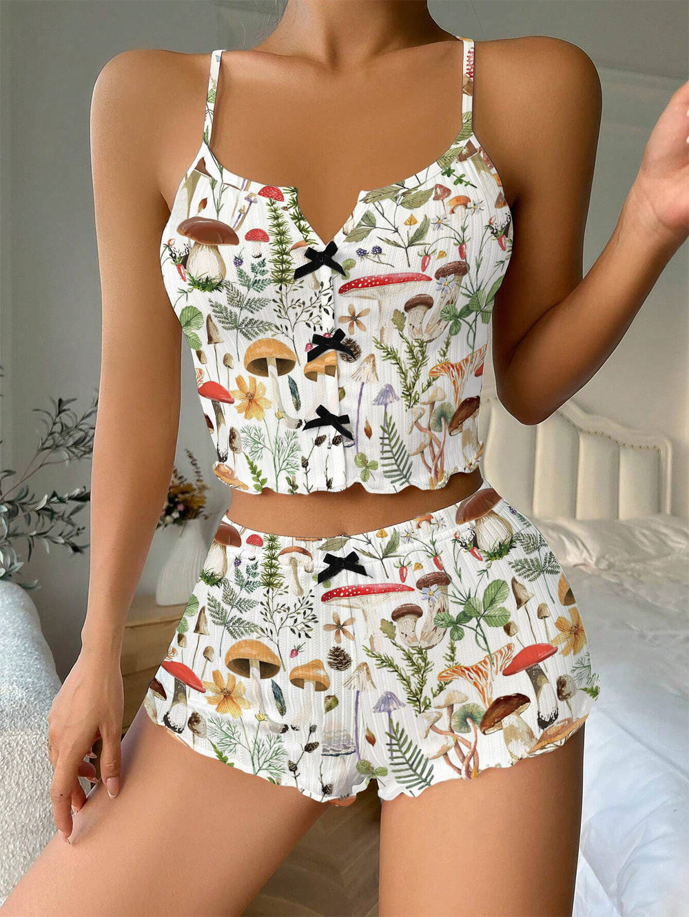 Mushroom Garden Bow Ribbed Knit Pajama Set For Women