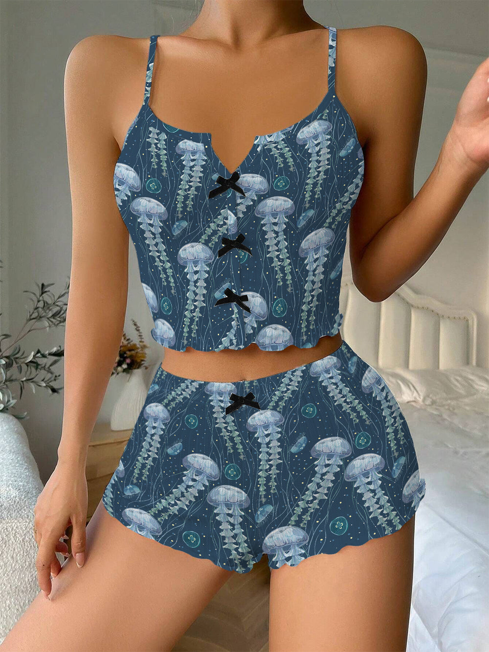 Jellyfish Funny Bow Ribbed Knit Pajama Set For Women