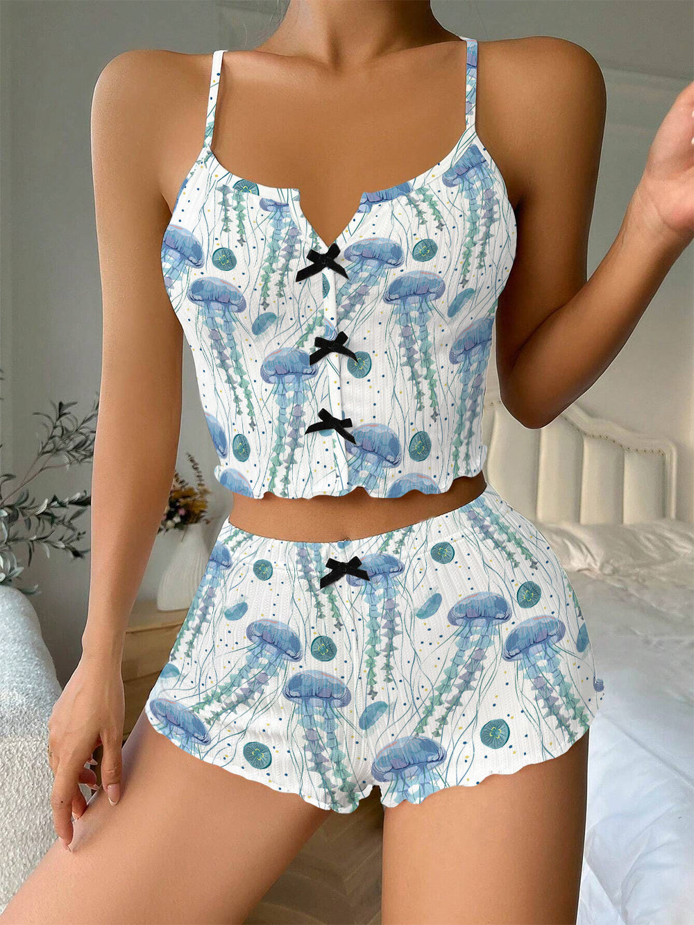 Jellyfish Funny Bow Ribbed Knit Pajama Set For Women