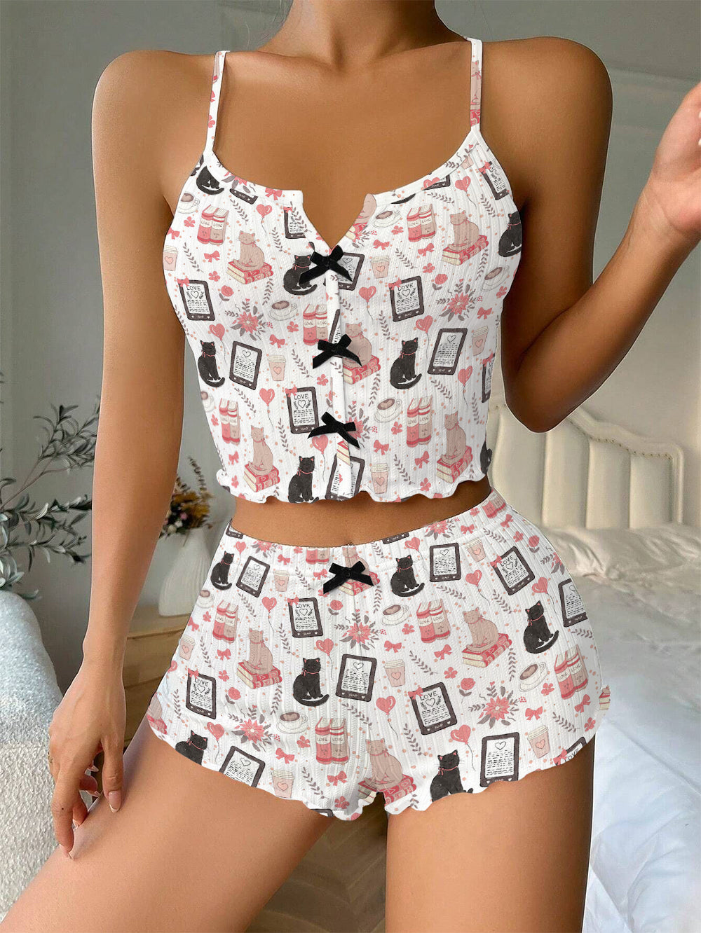 Bookish Cats E-Reader Bow Ribbed Knit Pajama Set For Women