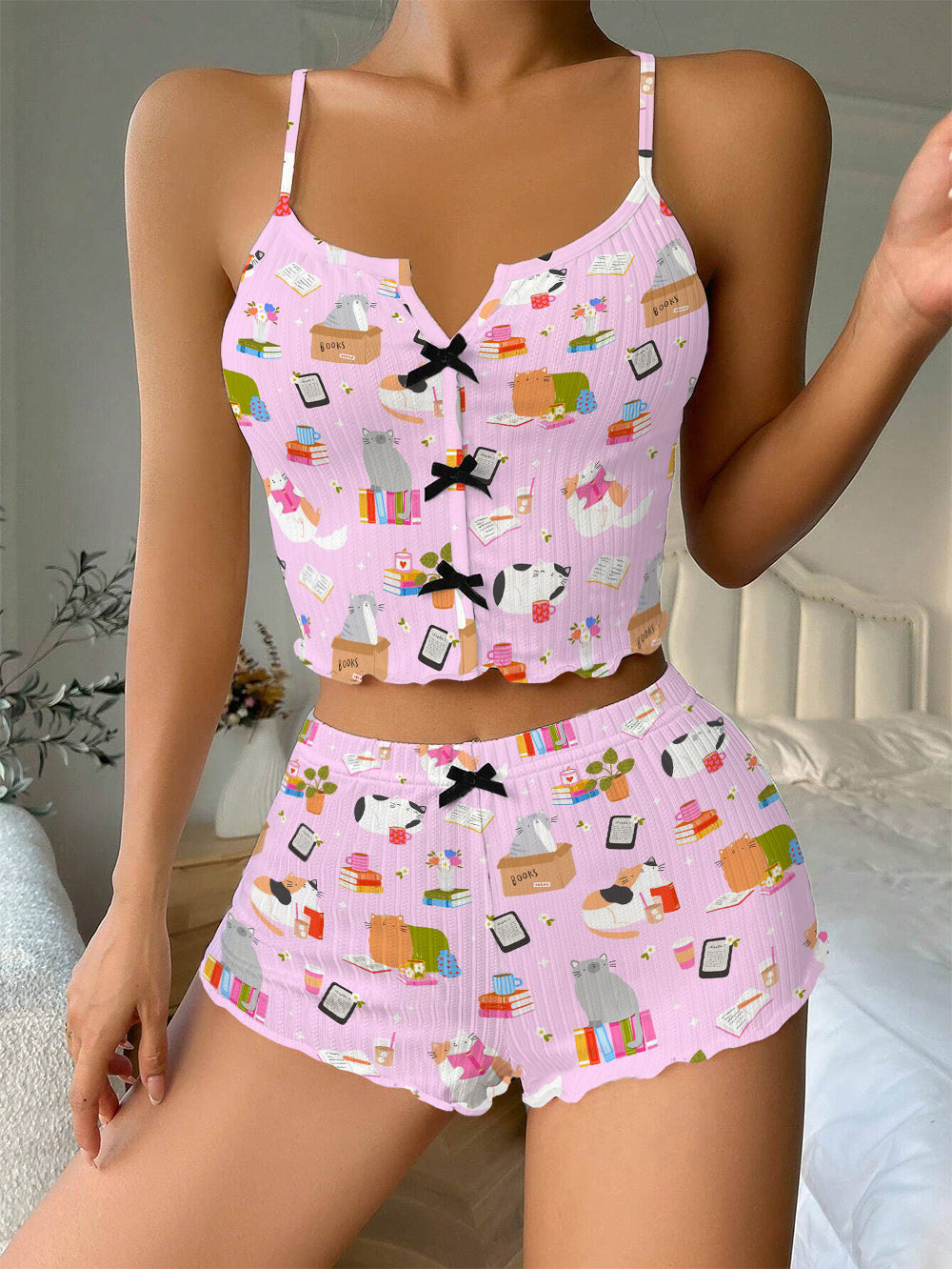 Cats And Books Bow Ribbed Knit Pajama Set For Women