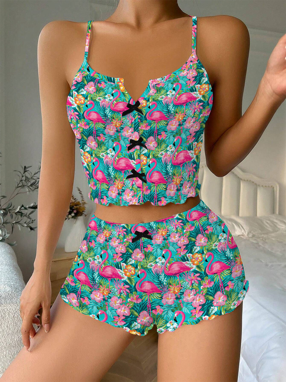 Tropical Flamingo Bow Ribbed Knit Pajama Set For Women