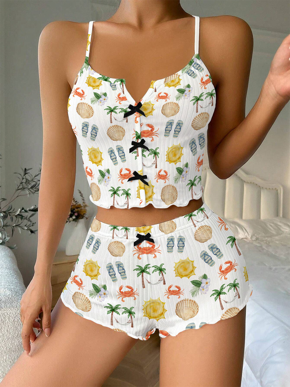 Sunshine Beach Bow Ribbed Knit Pajama Set For Women