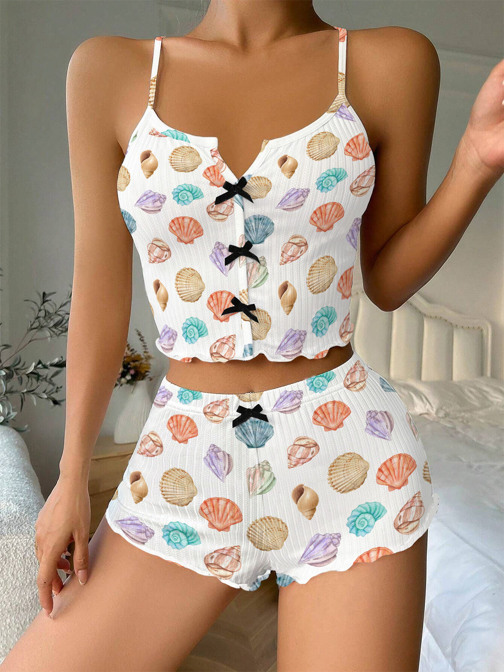 Colorful Seashells Bow Ribbed Knit Pajama Set For Women