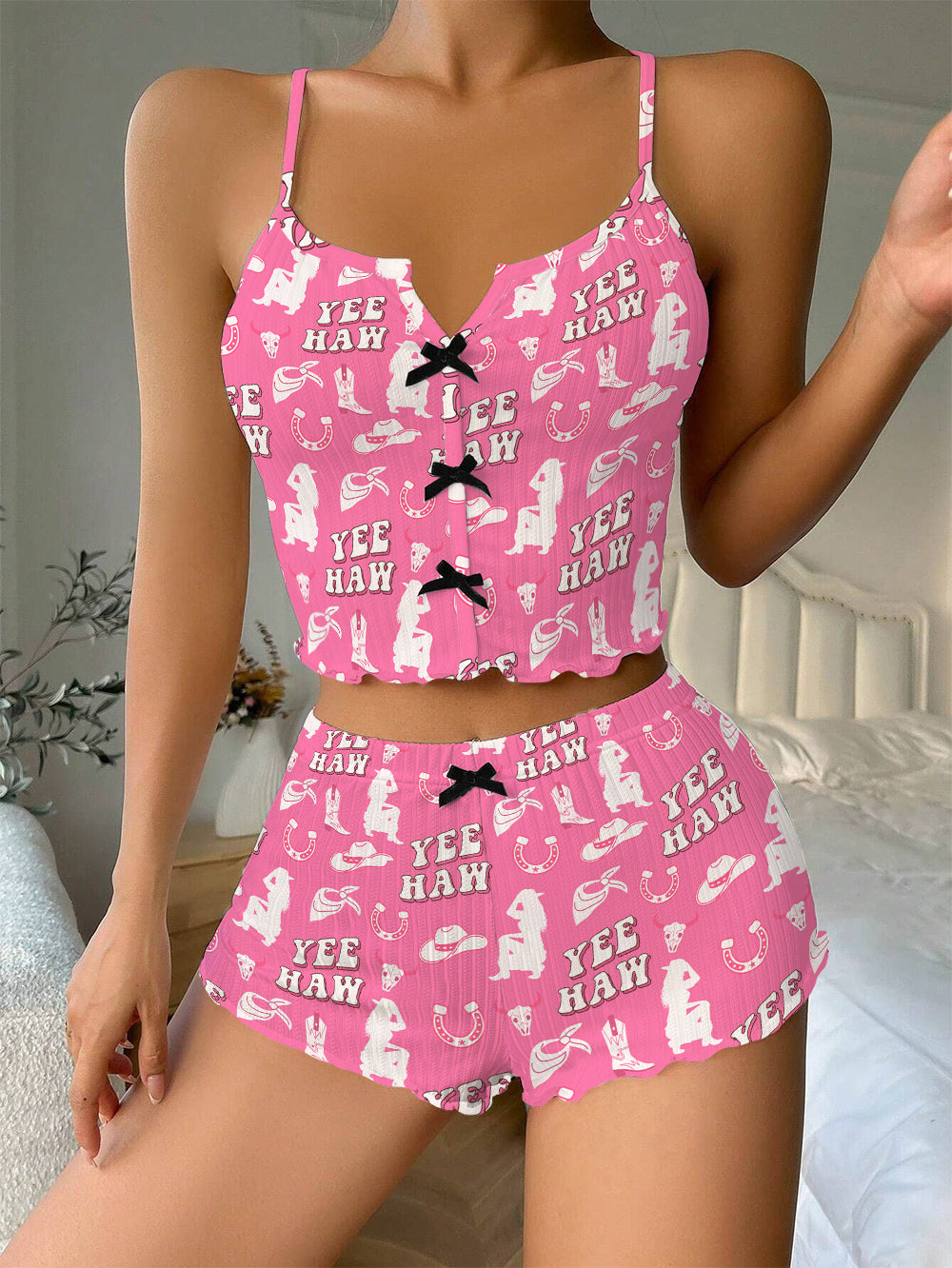 Yee-haw Cowgirls Bow Ribbed Knit Pajama Set For Women