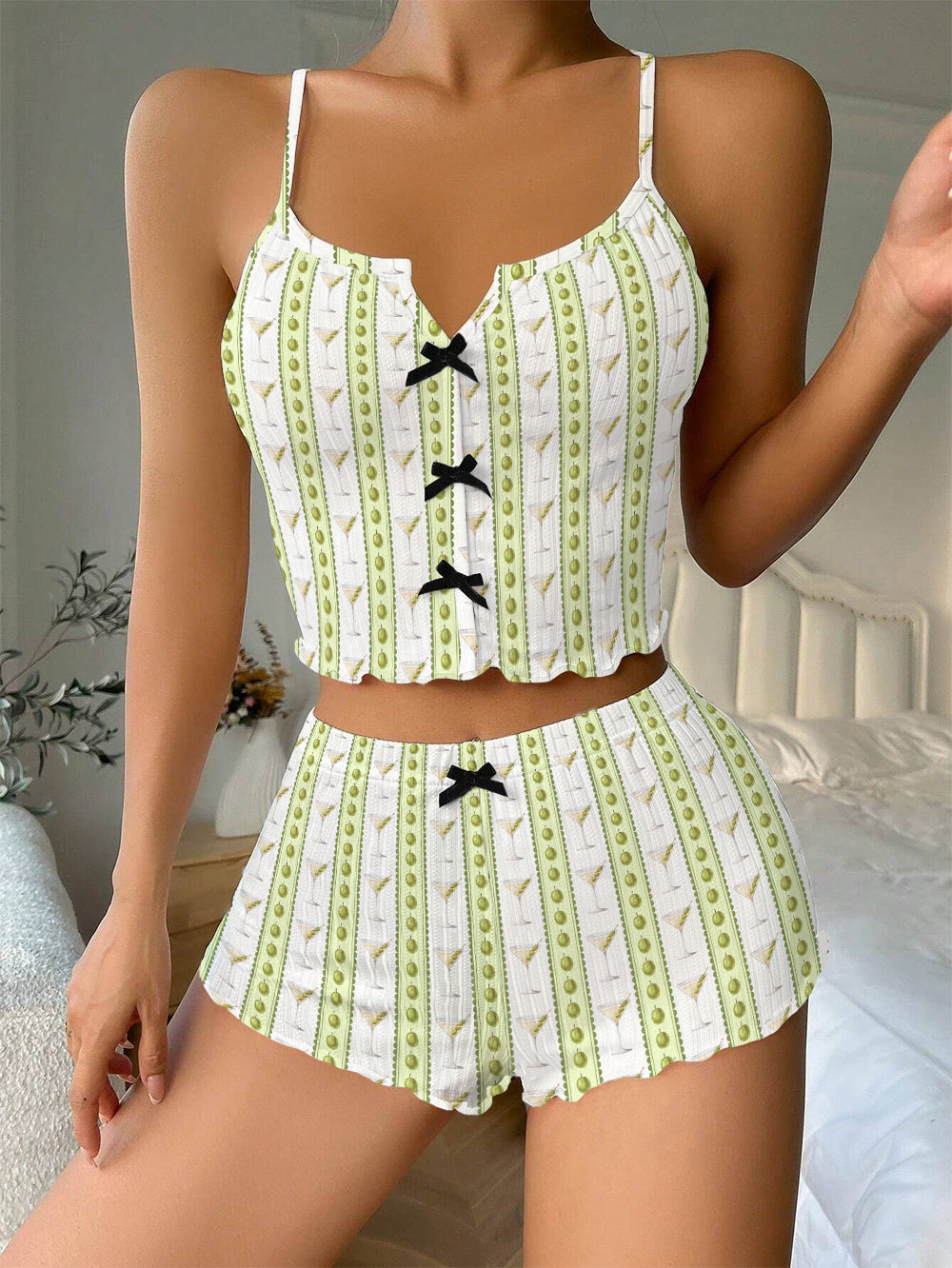 Dirty Martini Bow Ribbed Knit Pajama Set For Women