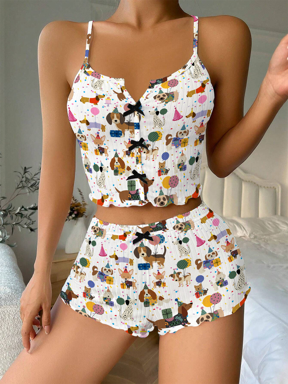 Dog Birthday Bow Ribbed Knit Pajama Set For Women