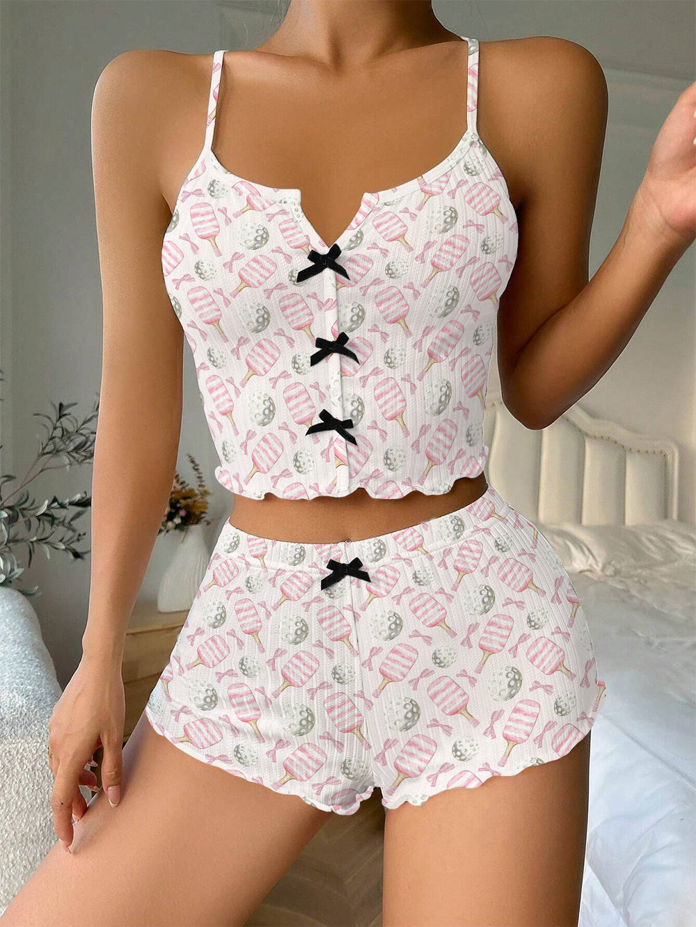 Pickle Ball Bow Ribbed Knit Pajama Set For Women