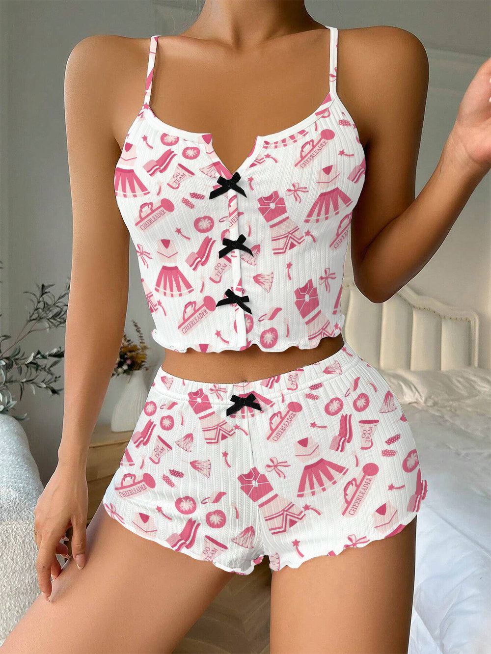 Pink Cheerleading Bow Ribbed Knit Pajama Set For Women