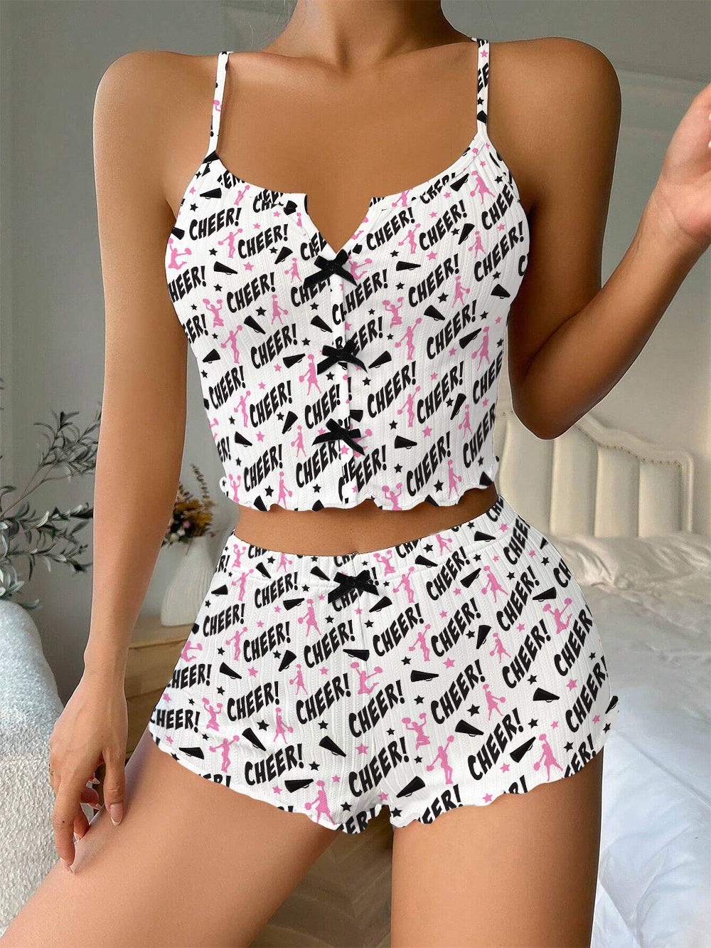 Cheerleading Bow Ribbed Knit Pajama Set For Women