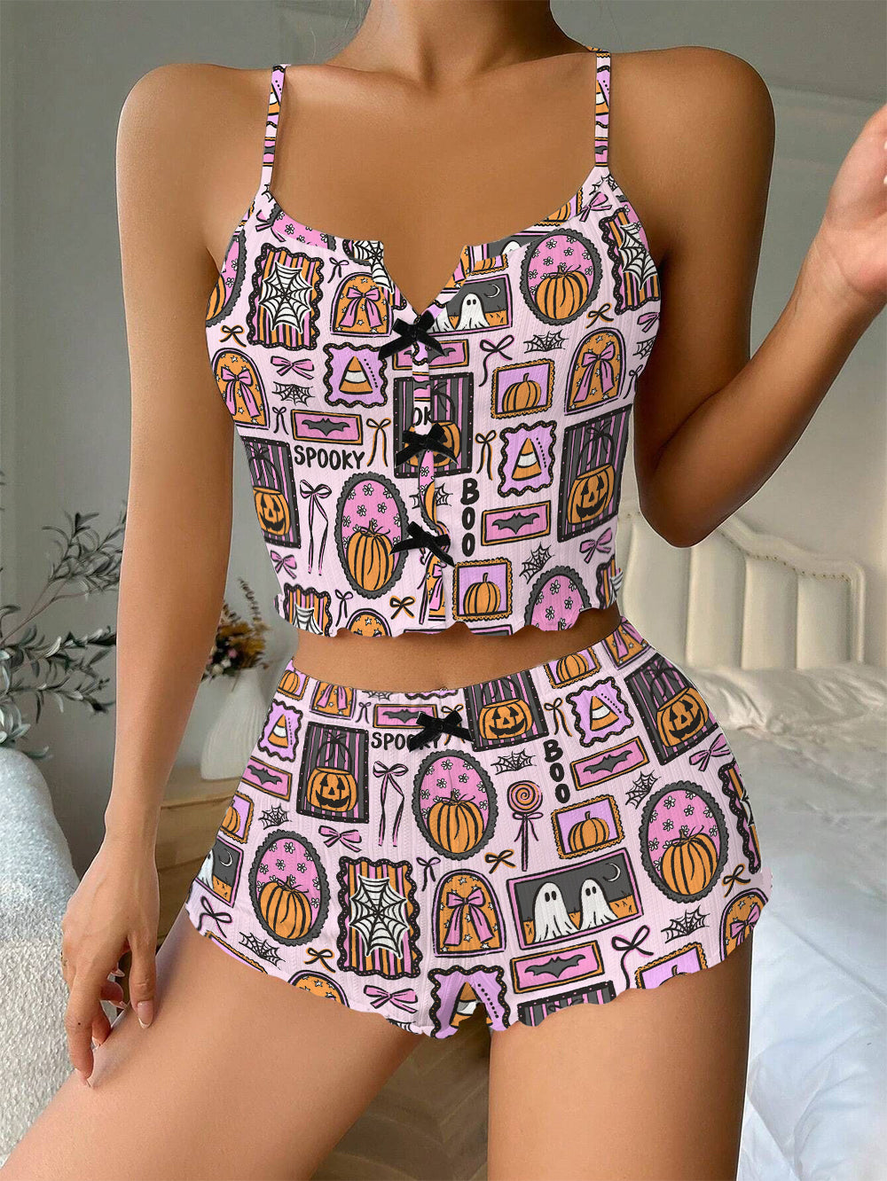 Girly Trendy Spooky Frames Halloween Bow Ribbed Knit Pajama Set For Women