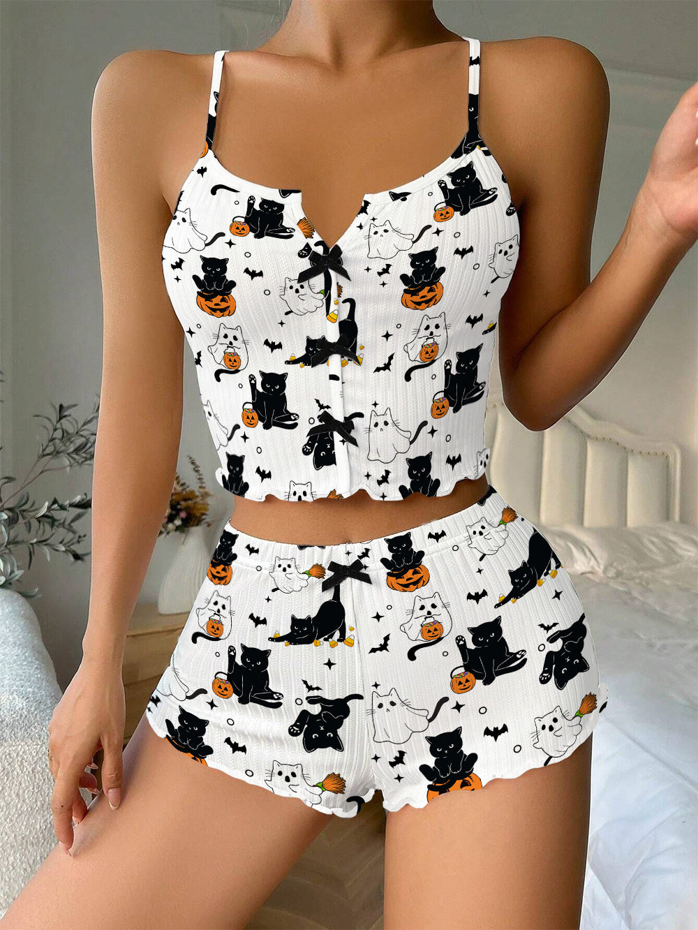 Cute Halloween Ghost Boo Cat Bow Ribbed Knit Pajama Set For Women