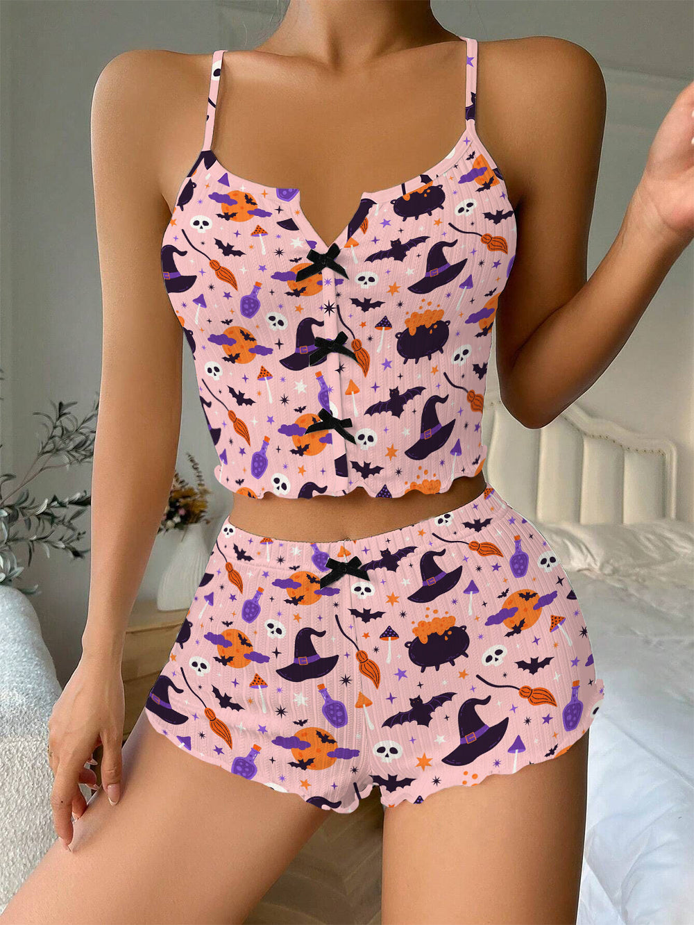 Pink Halloween Patterns Bow Ribbed Knit Pajama Set For Women