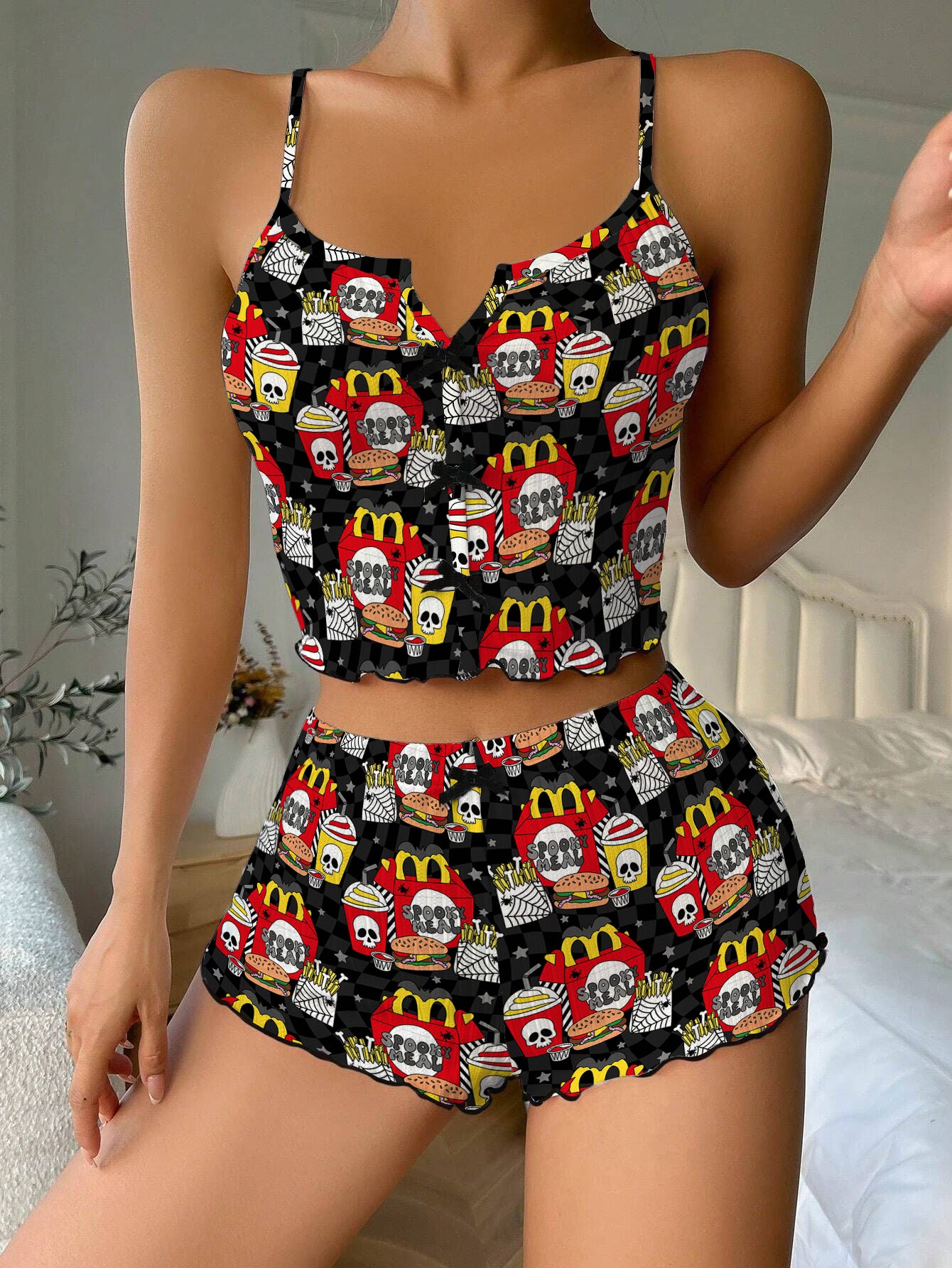Fast Food Retro Punk Halloween Spooky Skull Bow Ribbed Knit Pajama Set For Women