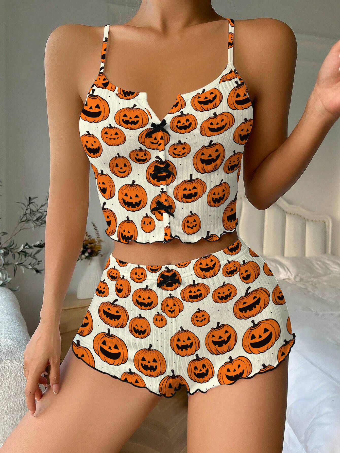 White Halloween Pumpkin Bow Ribbed Knit Pajama Set For Women