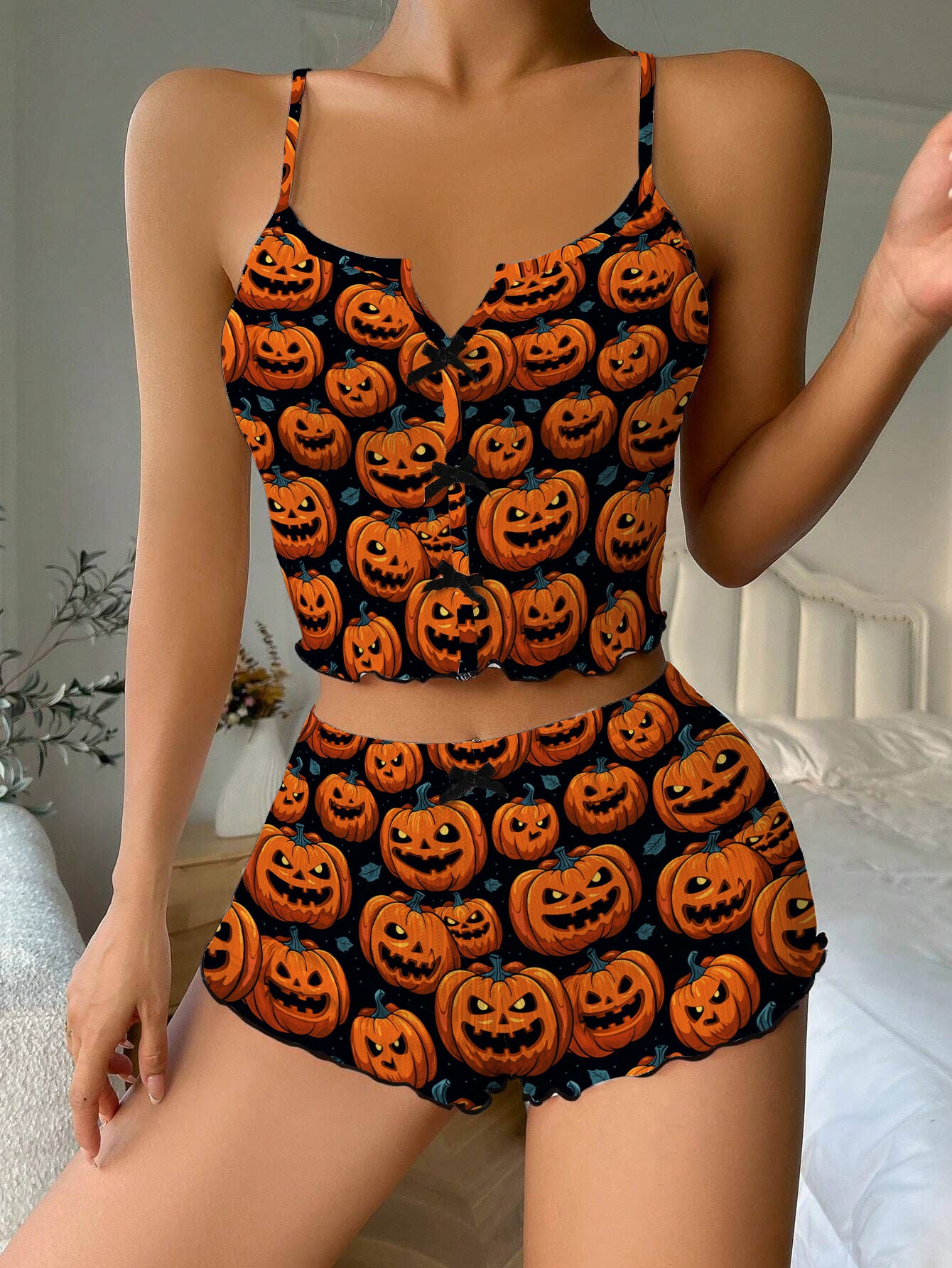 Halloween Pumpkin Devil Bow Ribbed Knit Pajama Set For Women