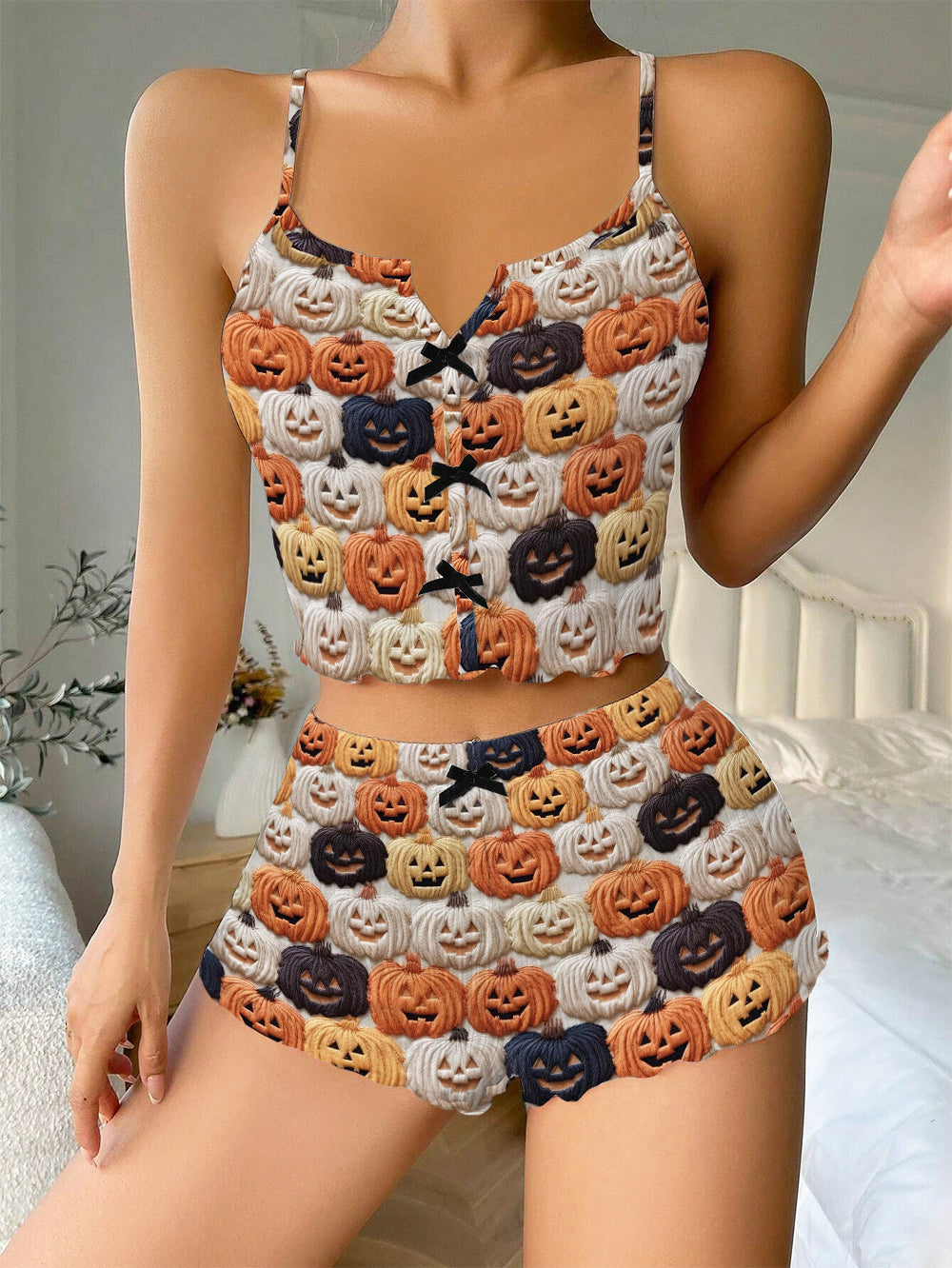 Halloween Pumpkin 3D Embroidery Bow Ribbed Knit Pajama Set For Women