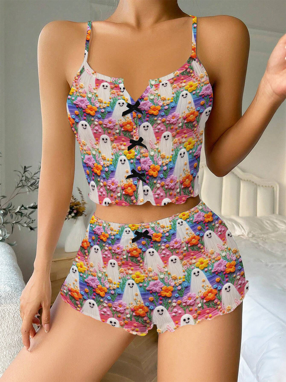 Helloween Rainbow Ghost 3D Embroidery Bow Ribbed Knit Pajama Set For Women
