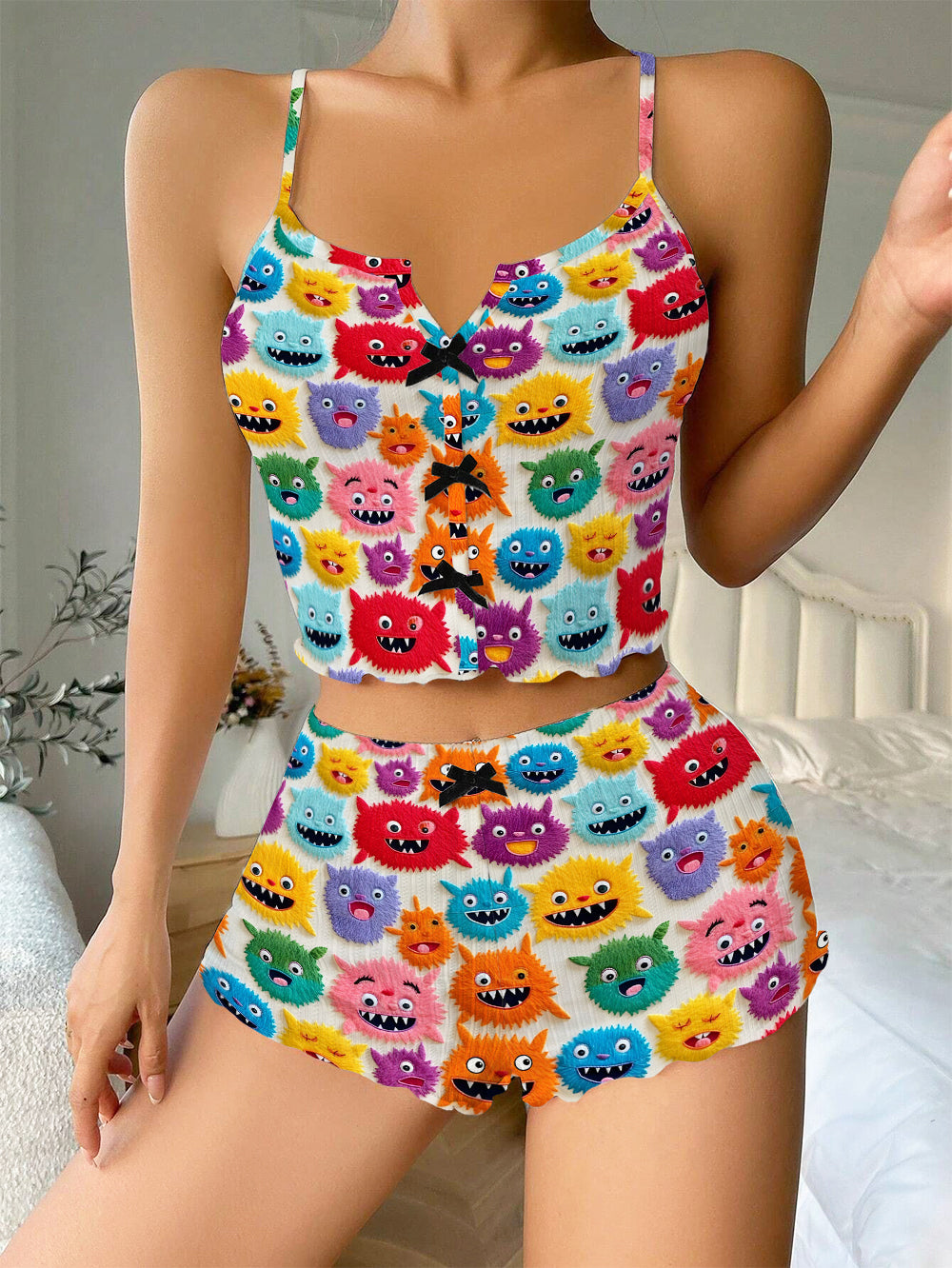 Halloween Cute Monsters 3D Embroidery Bow Ribbed Knit Pajama Set For Women