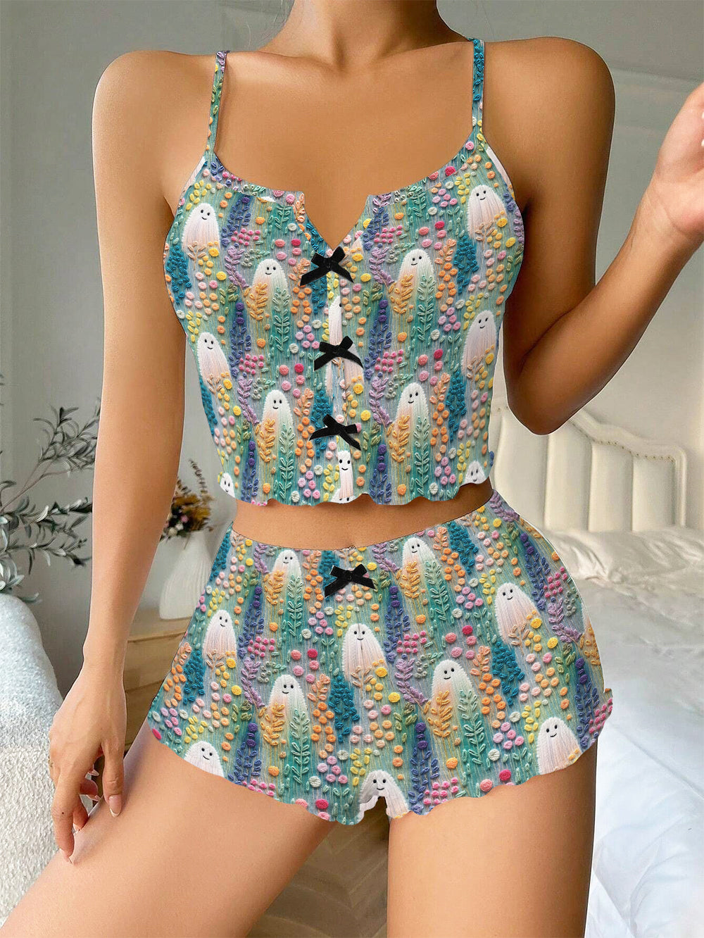 Halloween Cute Ghost 3D Embroidery Bow Ribbed Knit Pajama Set For Women