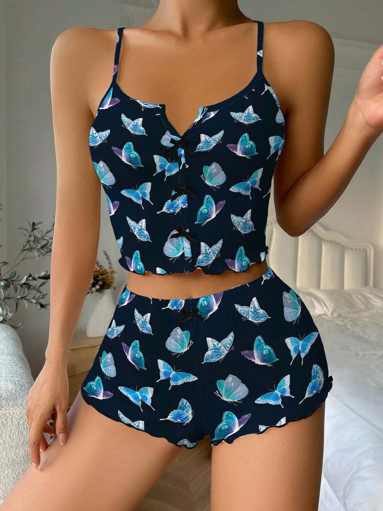 Blue Neon Butterfly Bow Ribbed Knit Pajama Set For Women