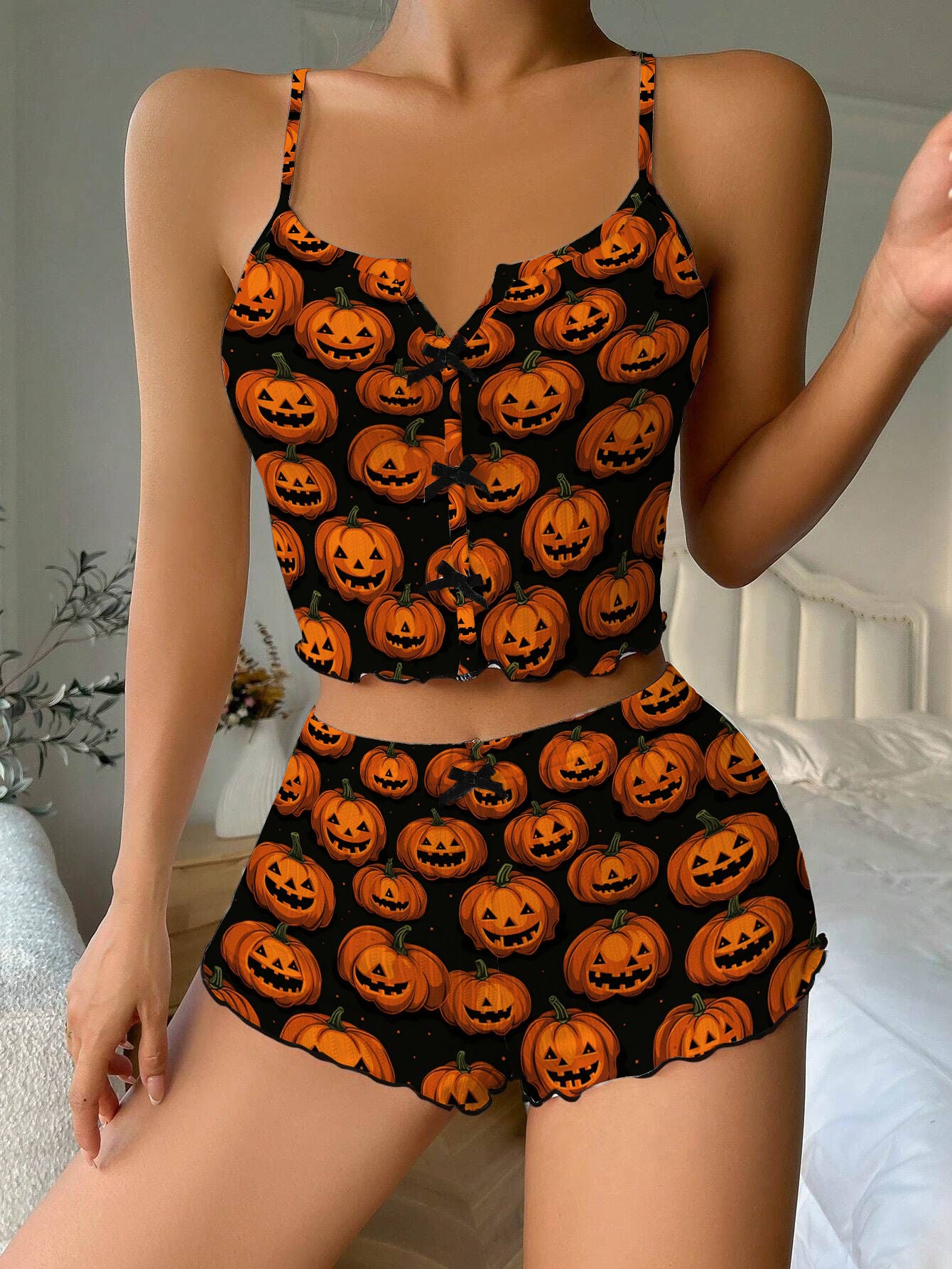 Helloween Dark Pumpkin Bow Ribbed Knit Pajama Set For Women