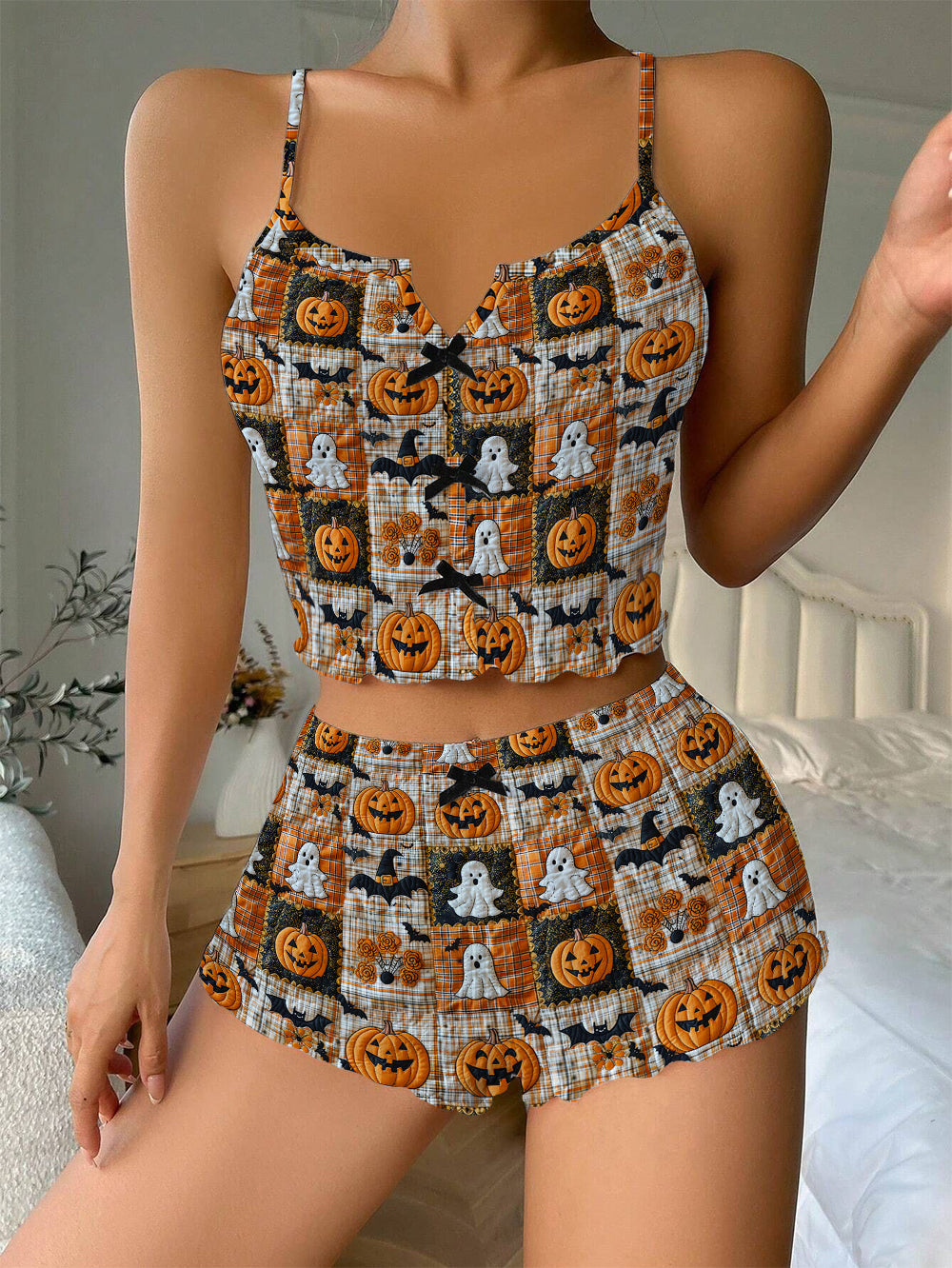 Halloween Patchwork Art Print Bow Ribbed Knit Pajama Set For Women