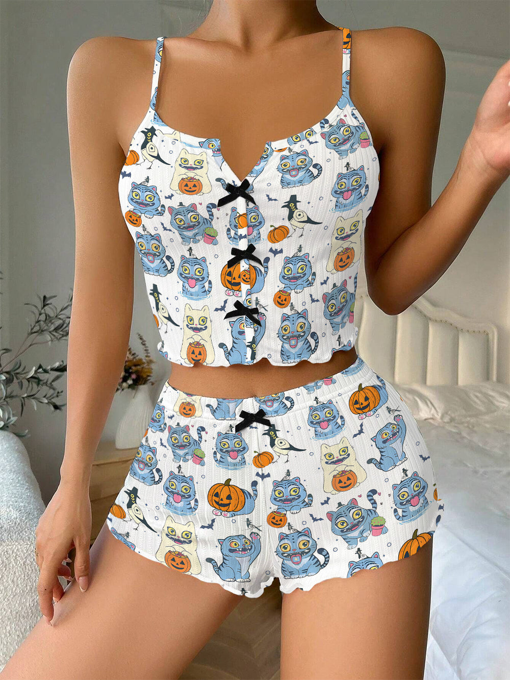 Kpop Demon Hunters Tiger Halloween Bow Ribbed Knit Pajama Set For Women