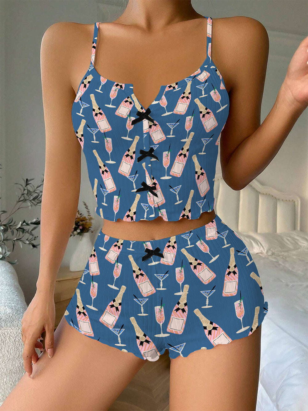 Wine Bottles and Champagne Bow Ribbed Knit Pajama Set For Women