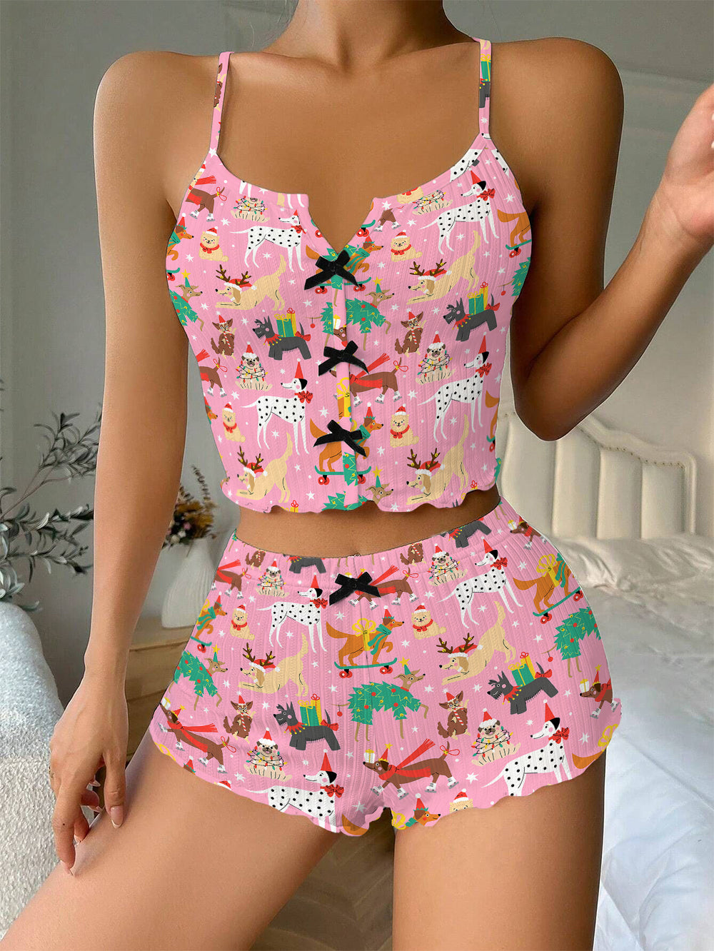 Christmas Dogs In Holiday Bow Ribbed Knit Pajama Set For Women