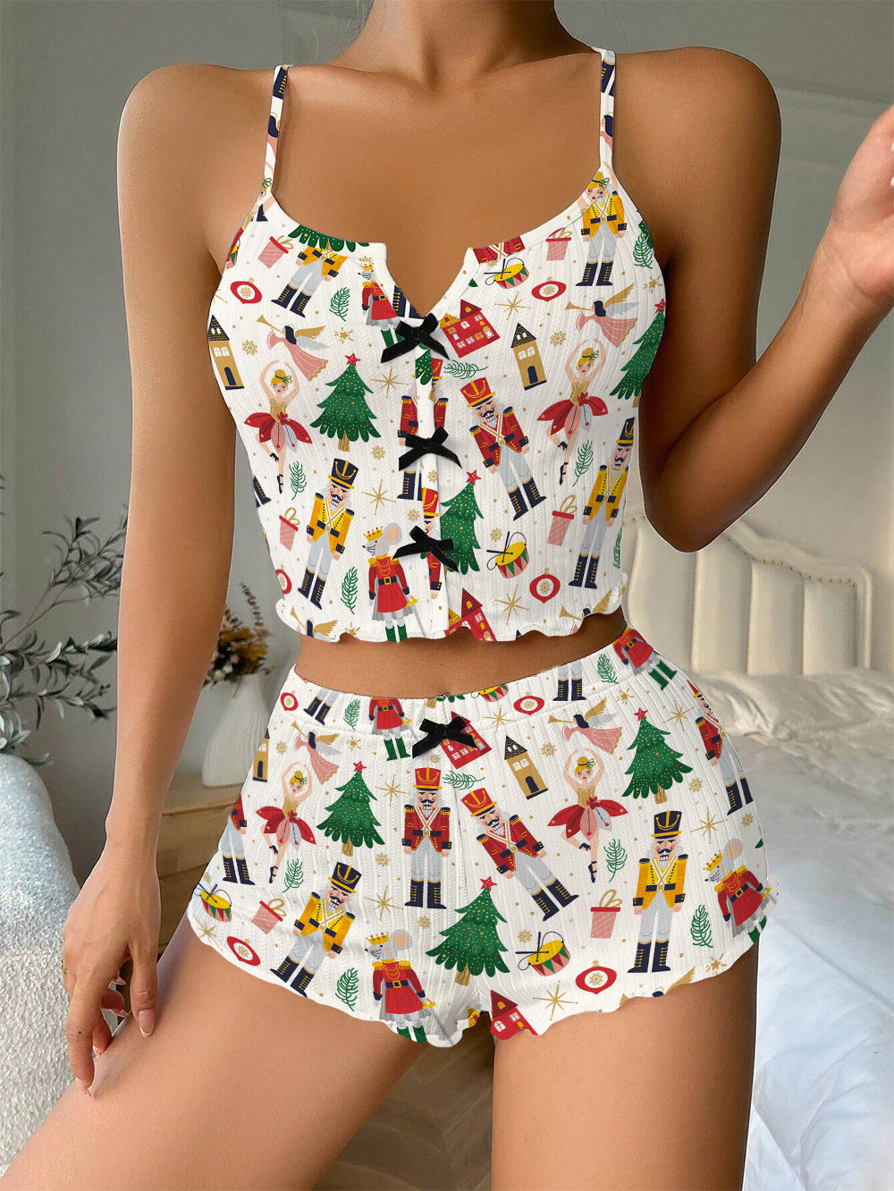 Nutcracker Christmas Bow Ribbed Knit Pajama Set For Women