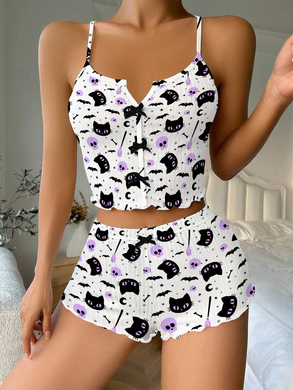 Halloween Black Cat Bow Ribbed Knit Pajama Set For Women