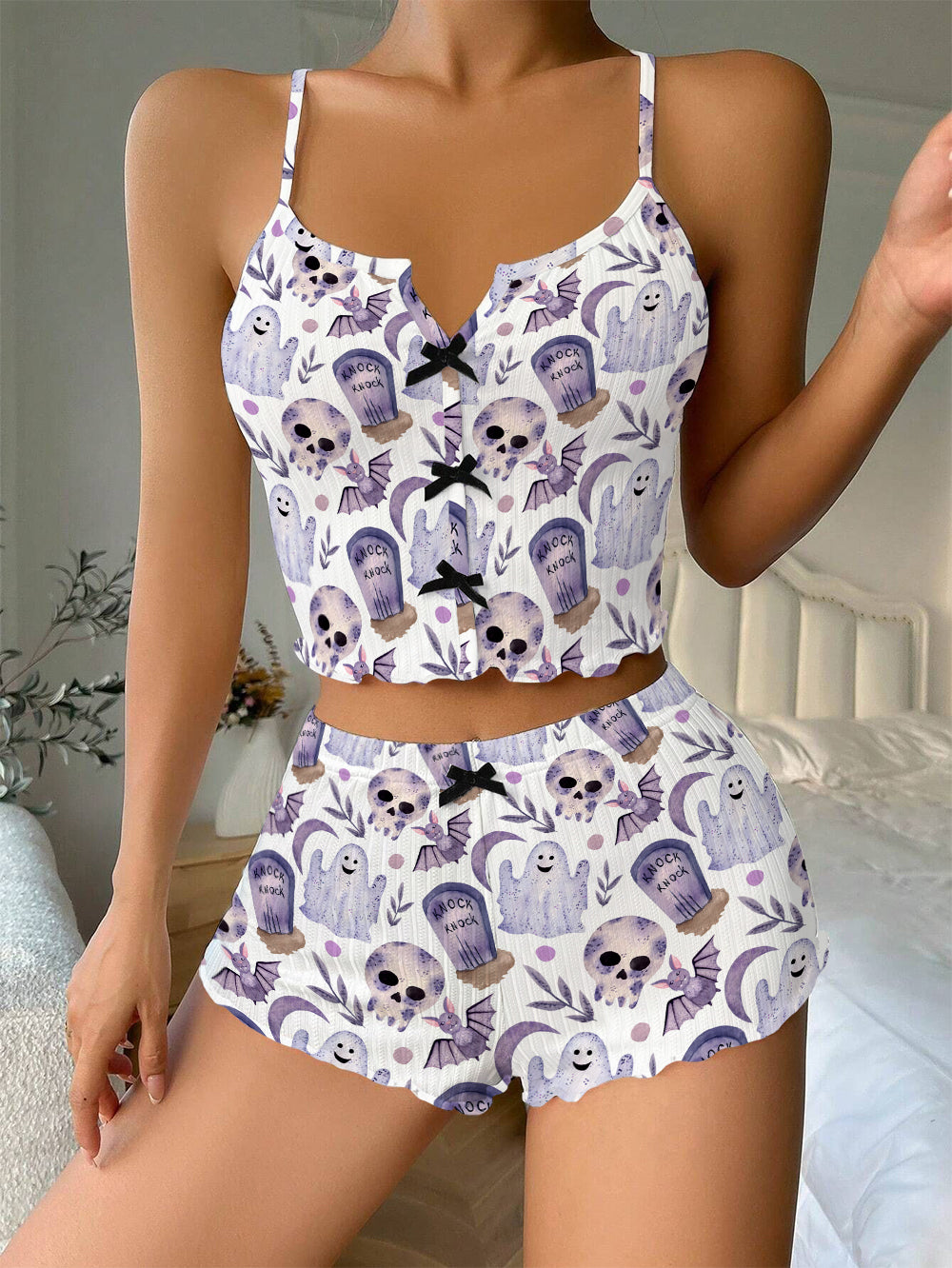 Halloween Skull Ghost Bow Ribbed Knit Pajama Set For Women