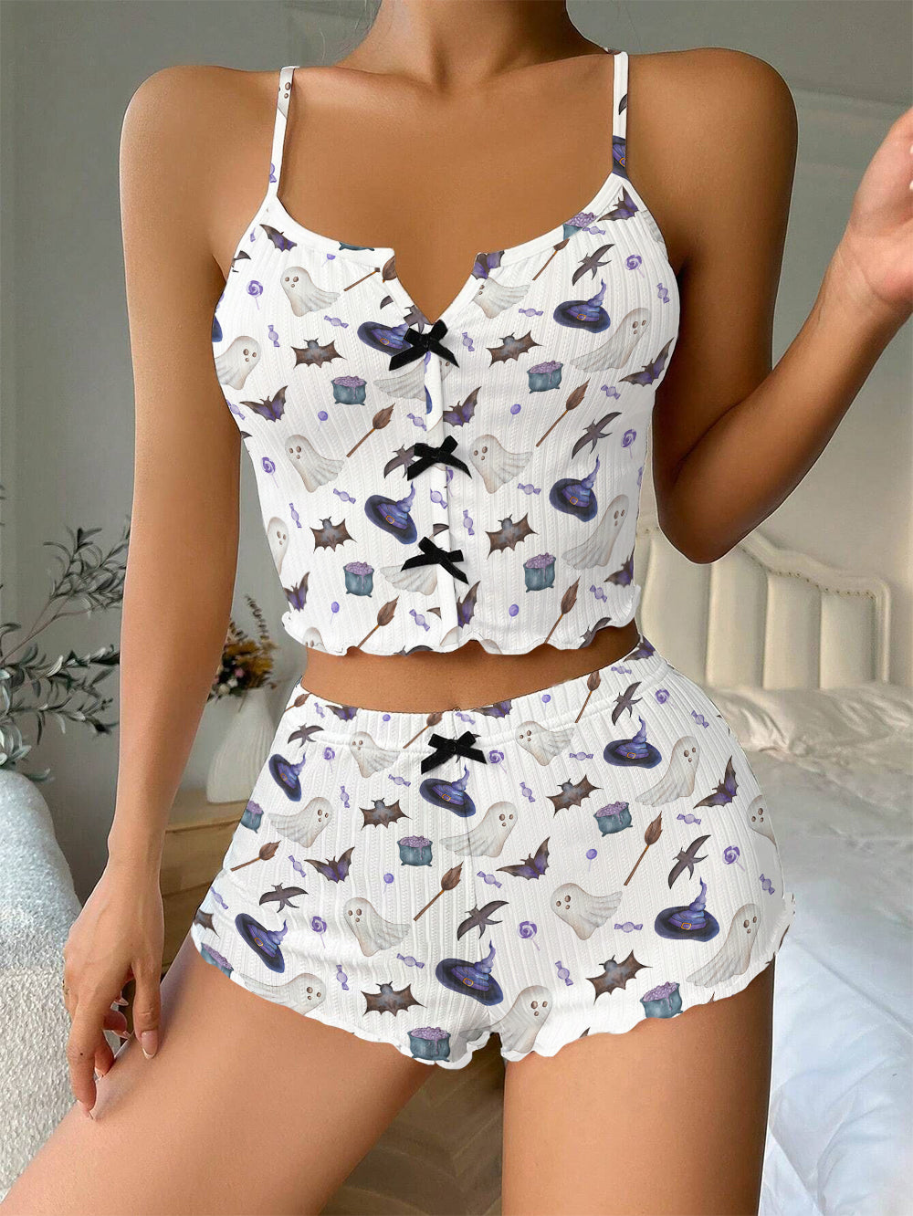 Halloween Ghost Wizard Bow Ribbed Knit Pajama Set For Women