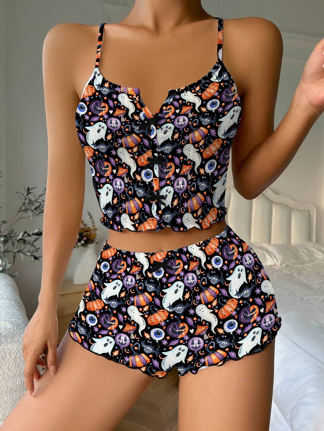 Spooky Halloween Watercolor Ghost Bow Ribbed Knit Pajama Set For Women